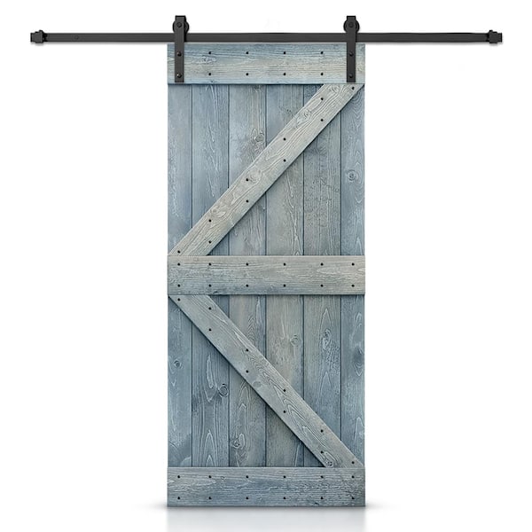 CALHOME K Series 30 in. x 84 in. Pre-Assembled Denim Blue Stained Wood Interior Sliding Barn Door with Hardware Kit