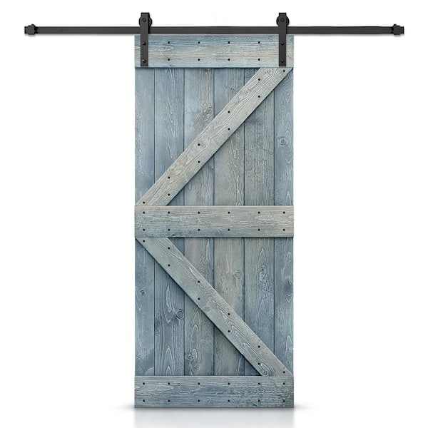 CALHOME K Series 36 in. x 84 in. Solid Denim Blue Stained DIY Pine Wood Interior Sliding Barn Door with Hardware Kit