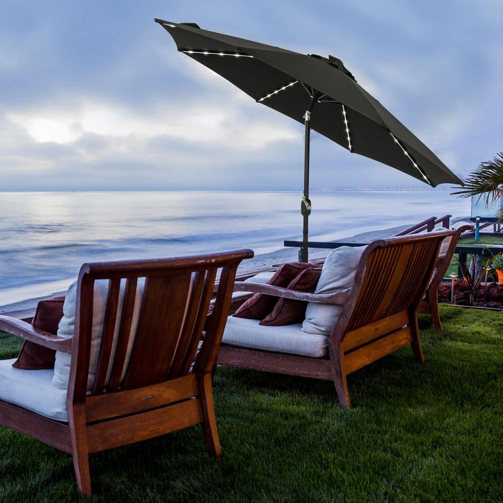 Mirage II Fiesta Black Aluminum Market Patio Umbrella with Solar LED Lights