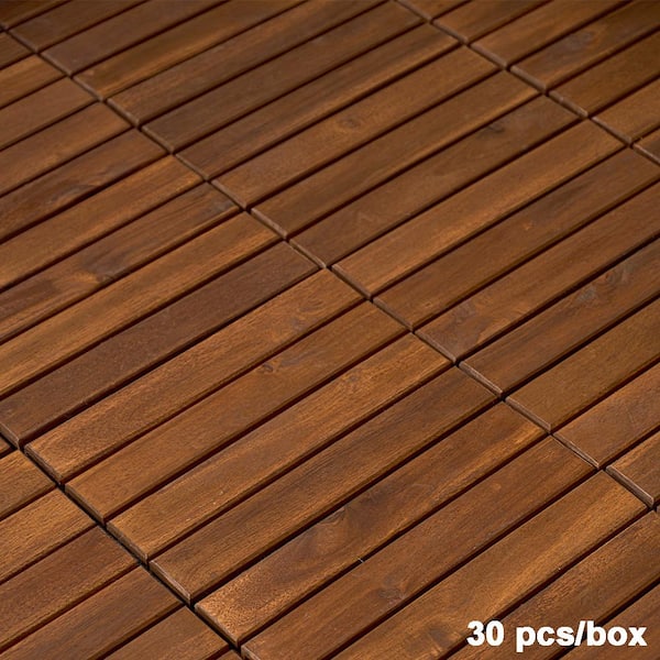 BTMWAY 1 ft. x 1 ft. Square Interlocking Acacia Wood Quick Patio Deck Tile Outdoor Striped Pattern Flooring Tile (30 Per Box)