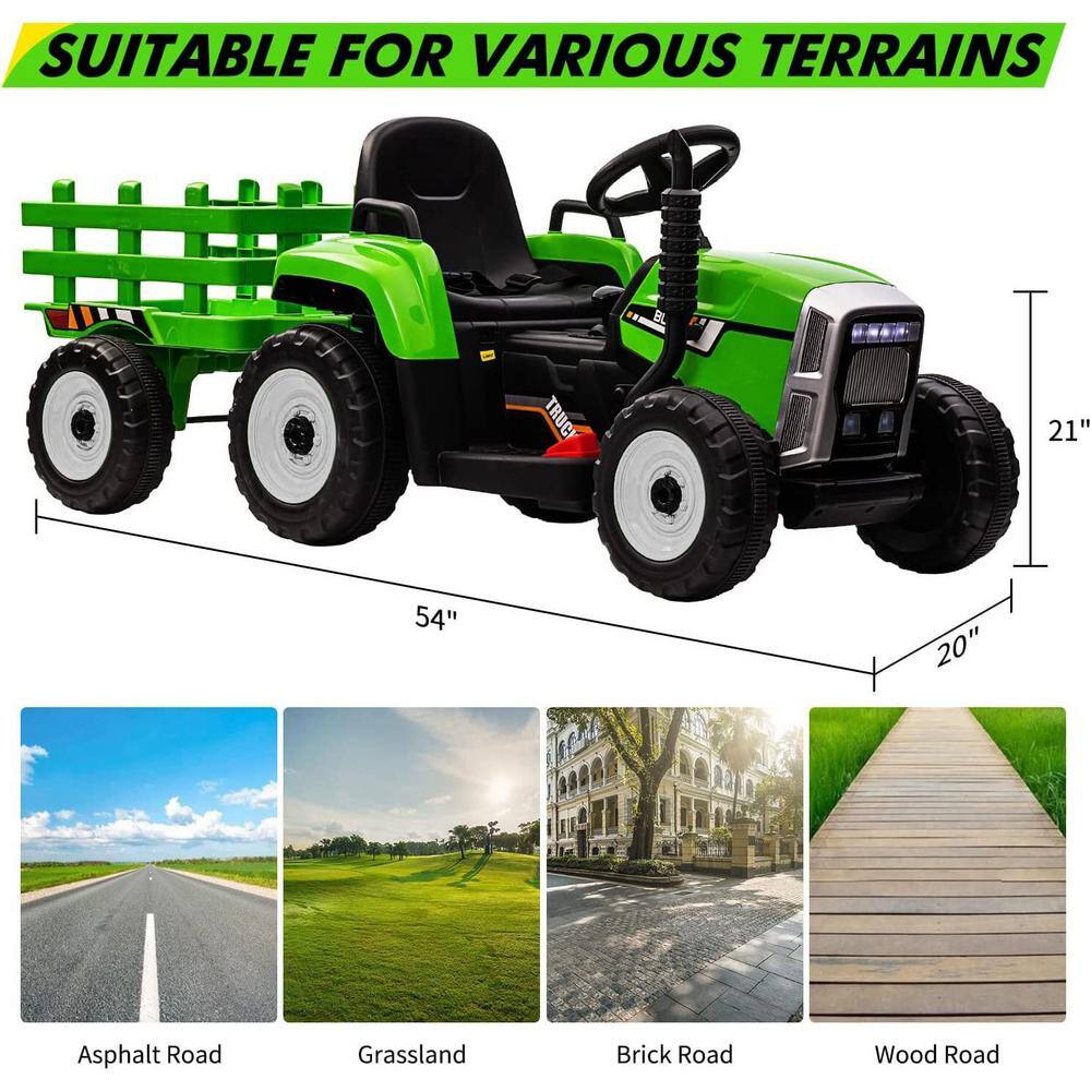 Green 12V Electric Ride-On Tractor with Trailer and Remote Control