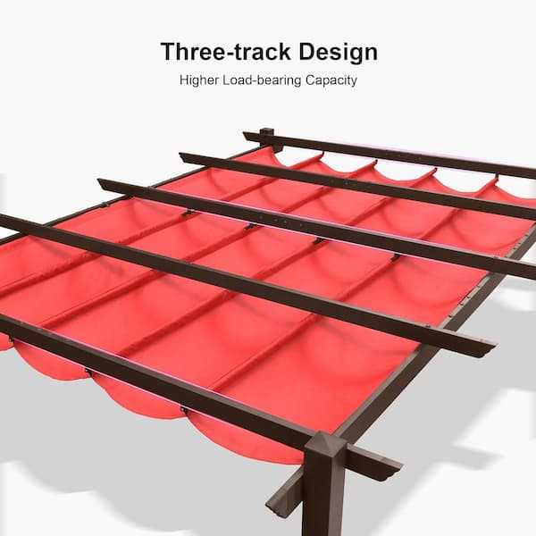 10 ft. x 13 ft. Bronze Aluminum Frame Morden Pergola with Red Retractable Sun Shade Canopy and String Lights