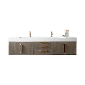 72 in. W Double Bath Vanity in Ash Gray and Gold with Solid Surface Vanity Top in Glossy White with White Basin