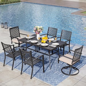 7-Piece Metal Patio Outdoor Dining Set with Rectangle Table and Swivel Chair with Beige Cushion