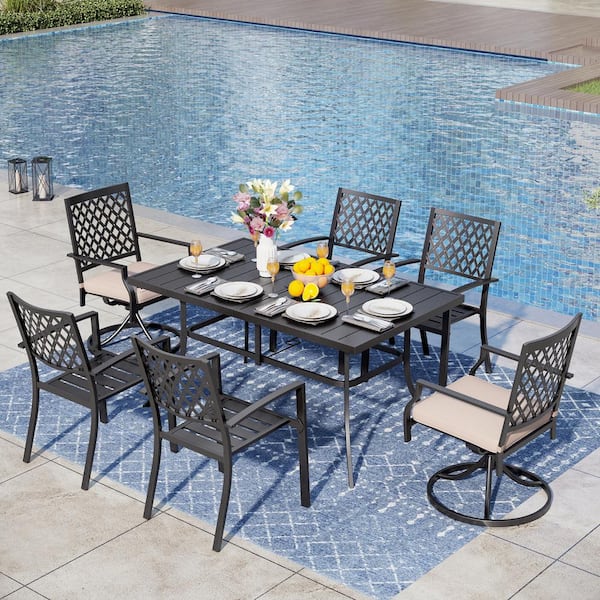 PHI VILLA 7-Piece Metal Patio Outdoor Dining Set with Rectangle Table and Swivel Chair with Beige Cushion