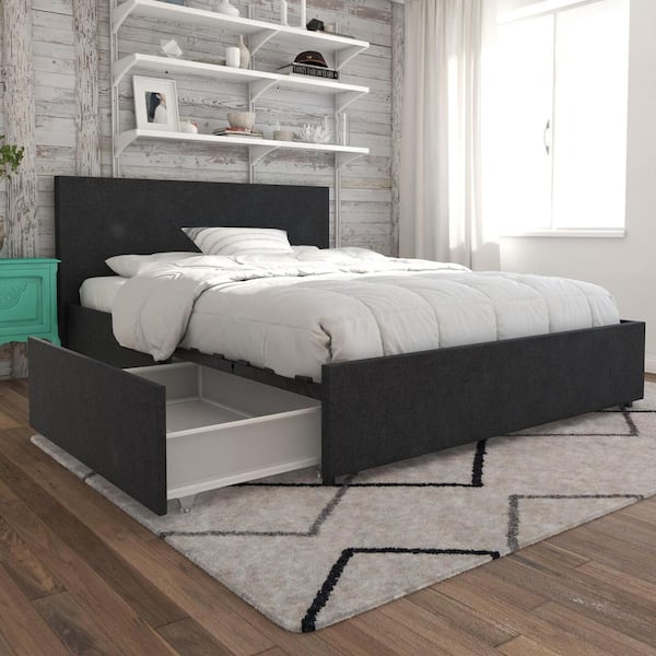 Novogratz Kelly Dark Gray Linen, Linen Upholstered Queen Bed