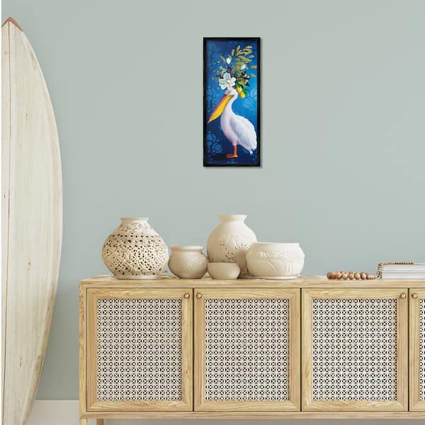 Floral Pelican over Damask by Heather Gauthier Black Framed Animal Giclee Art Print 24 in. x 10 in.