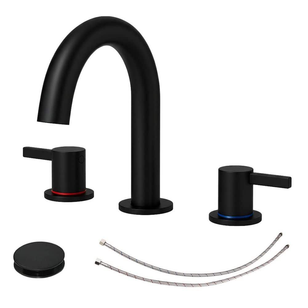 5.65 in. H 8 in. Widespread Double Handle Bathroom Faucet with 360° Spout Vanity and Pop-Up Drain in Matte Black price history on PriceWatchPro