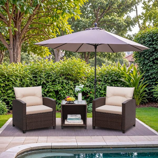 Tozey Brown 3-Piece Wicker Patio Conversation Set with Cream Cushions
