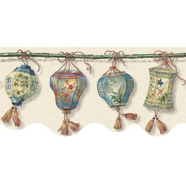 The Wallpaper Company 8 in. x 10 in. Blue Jewel Tone Romantic Chinese Lanterns Border Sample