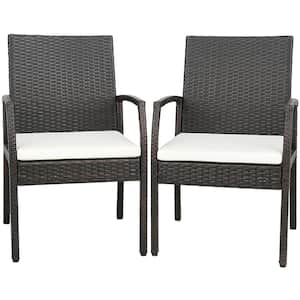 2-Pieces Patio PE Wicker Outdoor Dining Chairs with Soft Zippered Off White Cushion Armchairs Backyard