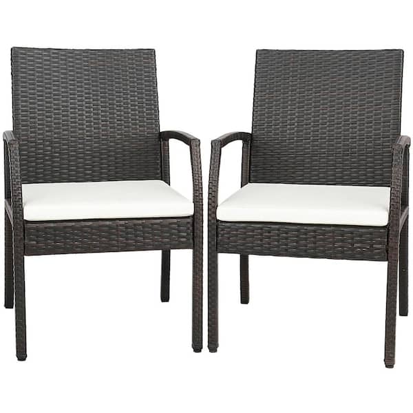 Costway 2-Pieces Patio PE Wicker Outdoor Dining Chairs with Soft Zippered Off White Cushion Armchairs Backyard