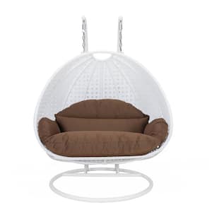 White Wicker Hanging 2-Person Egg Swing Chair Porch Swing with Brown Cushions