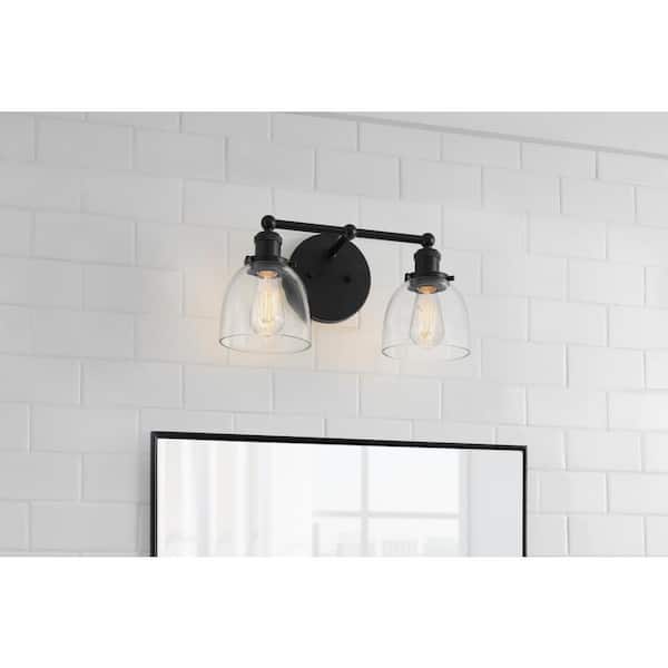 Evelyn 16.25 in. 2-Light Matte Black Industrial Vanity with Clear Glass Shades