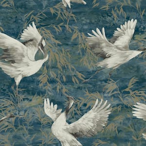 Sarus Crane Teal Textured Vinyl Non-Pasted Wallpaper (Covers 56 sq. ft.)
