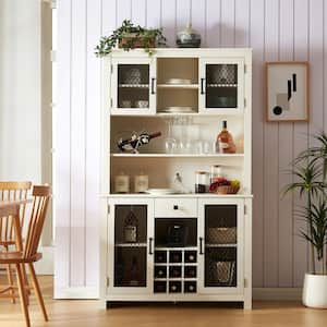 Antique White 70.9 in. H Coffee Bar Cabinet with Metal Mesh Doors Drawer USB Socket Wine Bottle Rack and Wine Glass Rack