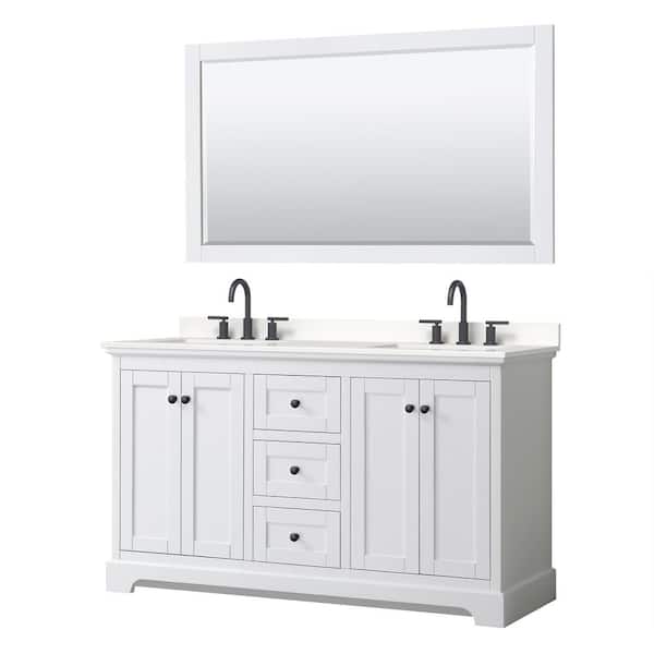 Wyndham Collection Avery 60 in. W x 22 in. D x 35 in. H Double Bath Vanity in White with White Quartz Top and 58 in. Mirror