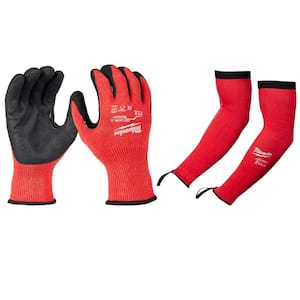 Small Red Nitrile Level 3 Cut Resistant Gloves with 18 in. Red 4-Way Stretch Cut 3 Resistant Protective Arm Sleeves