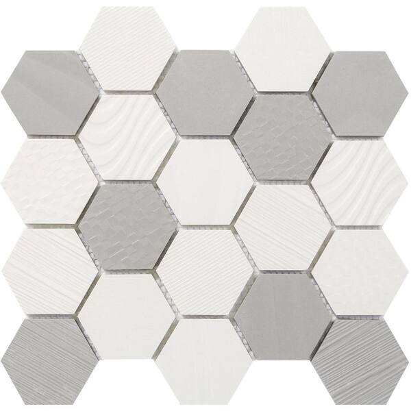 EMSER TILE Surface Cream/Gray Hexagon 12 in. x 14 in. x 9 mm Porcelain Mosaic Tile (1.11 sq. ft.)