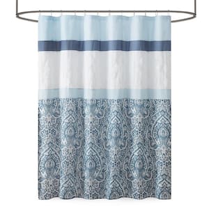 Printed and Embroidered 72 in. W x 72 in. L Polyester Microfiber Shower Curtain in Navy Blue