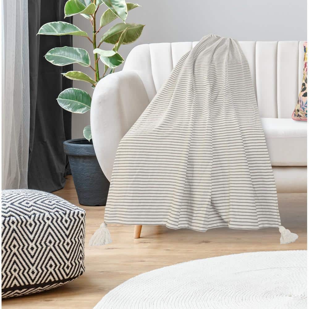 Gray and White Cotton Striped Throw Blanket with Tassels
