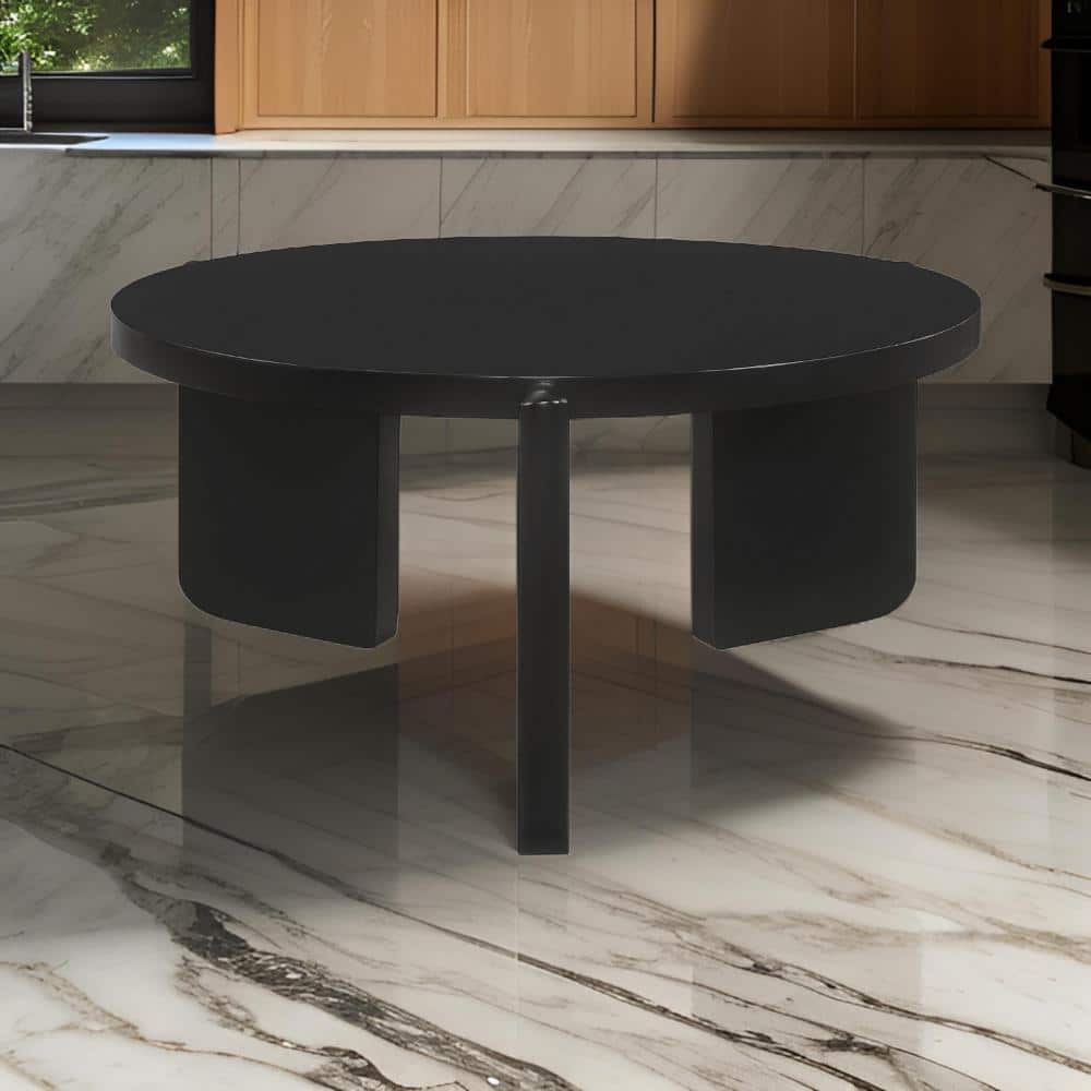 Kiya 39 Inch Black Solid Wood Round Coffee Table with Panel Legs