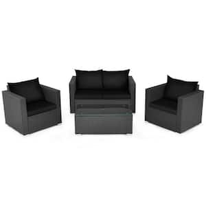 4-Piece Wicker Patio Conversation Set Furniture Set with Black Padded Cushions and Tempered Glass Coffee Table
