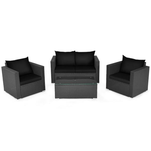 Clihome 4-Piece Wicker Patio Conversation Set Furniture Set with Black Padded Cushions and Tempered Glass Coffee Table