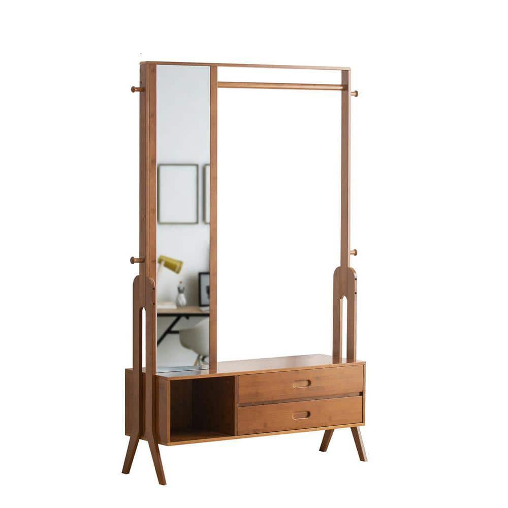 Brown Mirrored Valet Stand Coat Rack, Garment Rack with Storage Drawers and Hanging Rod for Home
