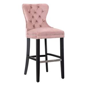 Harper 29 in. High Back Nail Head Trim Button Tufted Pink Velvet Bar Stool with Solid Wood Frame in Black