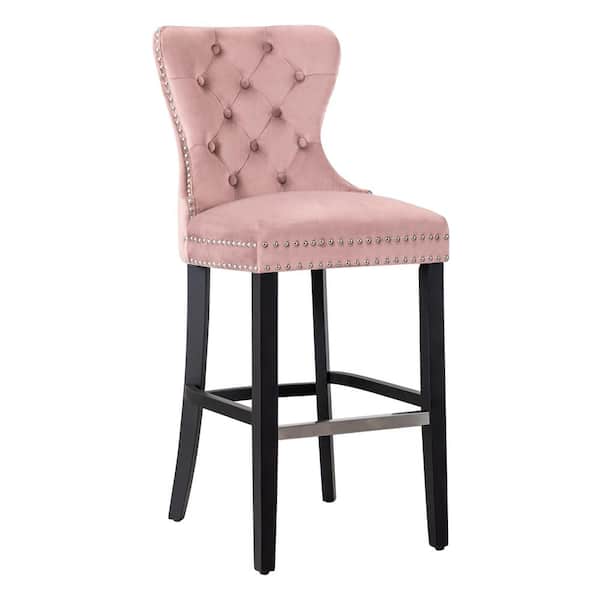 WESTINFURNITURE Harper 29 in. High Back Nail Head Trim Button Tufted Pink Velvet Bar Stool with Solid Wood Frame in Black