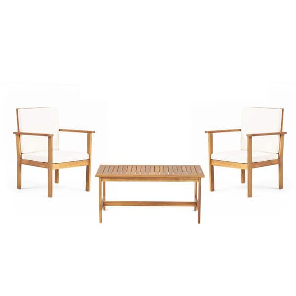 Unbranded Great Deal Furniture Outdoor Patio 3-Piece Brown Acacia Wood Chat Set with Cream Cushions