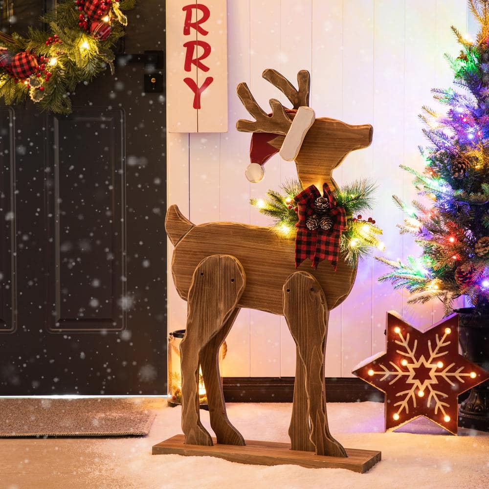 Chunky Wood Reindeer Porch Decor with Red Hat and Plaid Bow