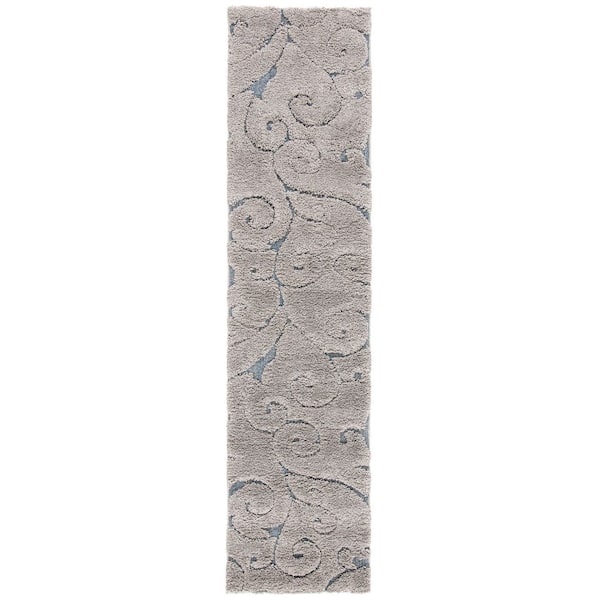 Florida Shag 2 ft. x 19 ft. Gray/Light Blue High-Low Floral Runner Rug