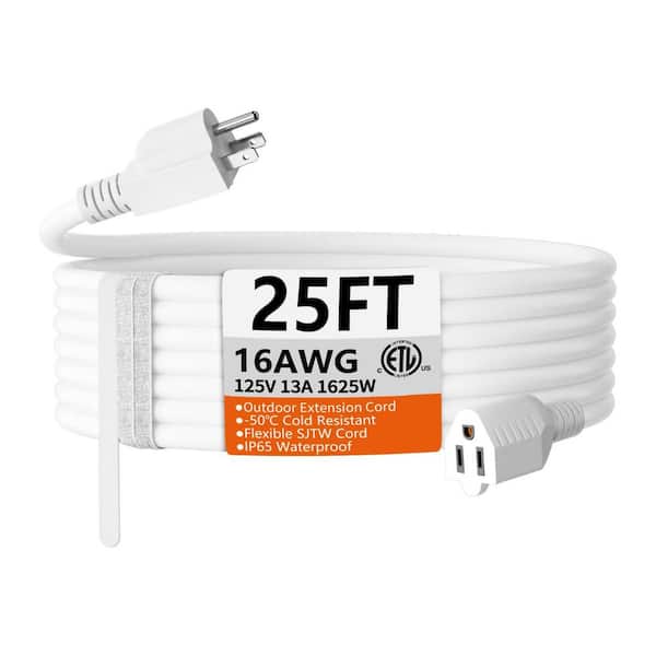 25 ft. 16-Gauge / 3 Conductors SJTW Indoor/Outdoor Extension Cord with White Color, ETL Listed