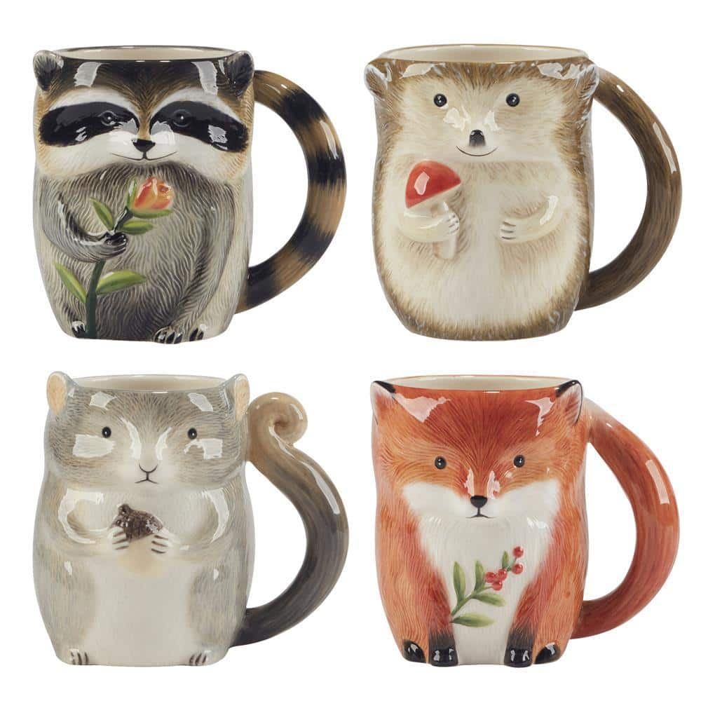 Certified International 16 Oz. Multi-Colored Earthenware Woodland Critters Beverage 3-D Mugs (Set of 4)