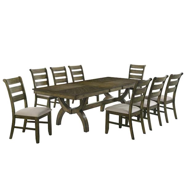 Best Quality Furniture Halo 9-Piece Antique Brown Wood Dining Set With 8 Beige Ladderback Chairs