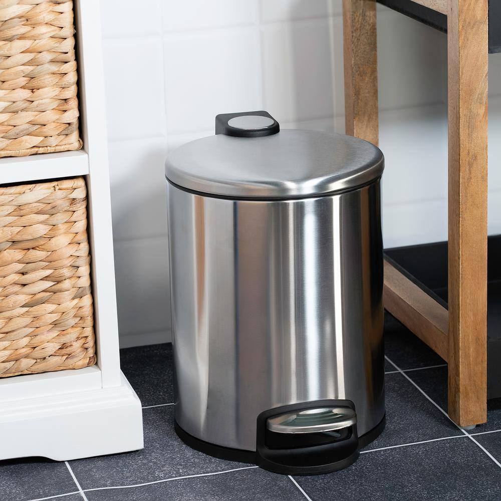 Brushed Stainless Steel Round Bathroom Trash Can with Pedal, 1.3 Gallon