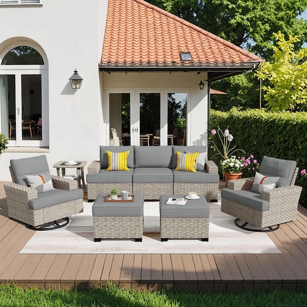 XIZZI Mettle 8-Piece Wicker Patio Conversation Seating Sofa Set with Dark Grey Cushions and Swivel Rocking Chairs