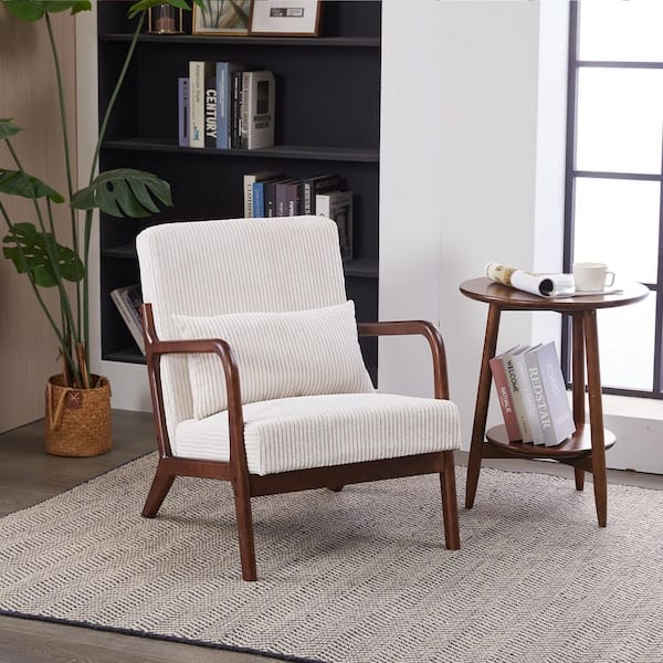Seafuloy 28.74 in. Beige Fabric Arm Chair with Pillow, Solid Rubberwood Frame for Living Room Bedroom