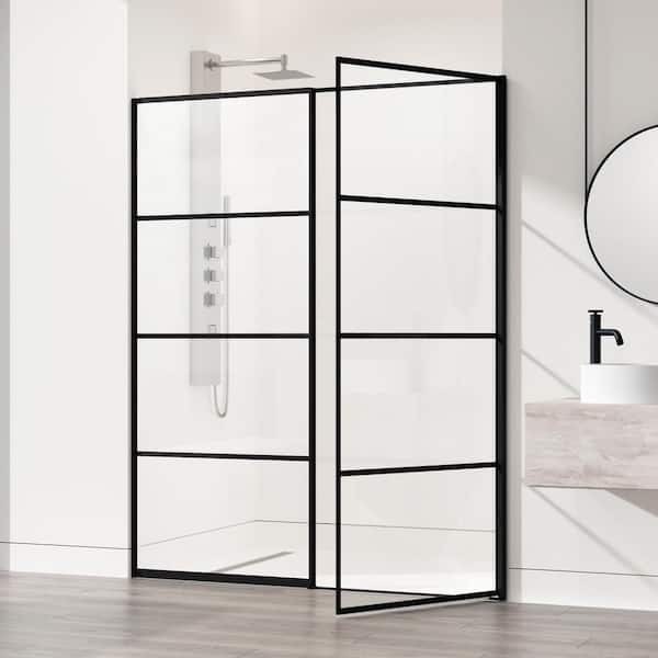 Meridian 59 1/2 to 60 in. W x 74 in. H Hinged Shower Door in Matte Black and Clear Grid Glass