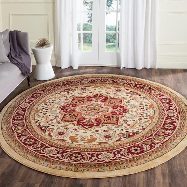 Lyndhurst Ivory/Red 8 ft. x 8 ft. Round Border Medallion Floral Area Rug