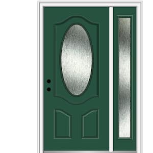 50 in. x 80 in. Right-Hand Inswing Rain Glass Hunter Green Fiberglass Prehung Front Door on 6-9/16 in. Frame
