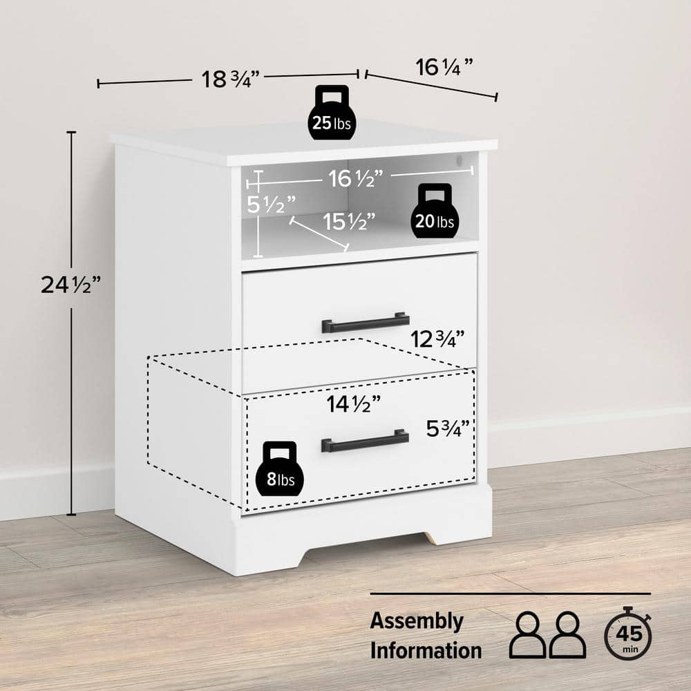 Rustic White 2-Drawer Nightstand with Open Shelf