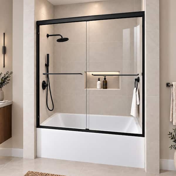 Lntano 60 in. W x 56 in. H Sliding Bath Tub Door in Semi Frameless in Matte Black with Clear Glass