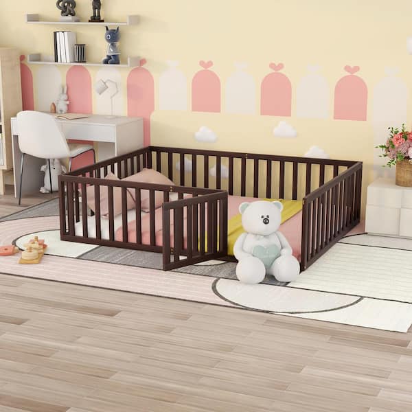 ANBAZAR Natural Wood Full Size Floor House Kids Bed with Twin Size Trundle, Wood Daybed Kids Bed Frame with House Style Roof