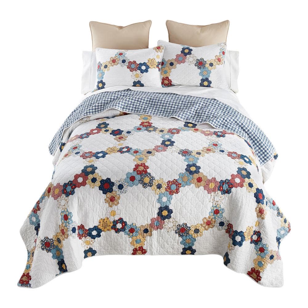 White Cotton Reversible Queen Quilt Set with Floral Design