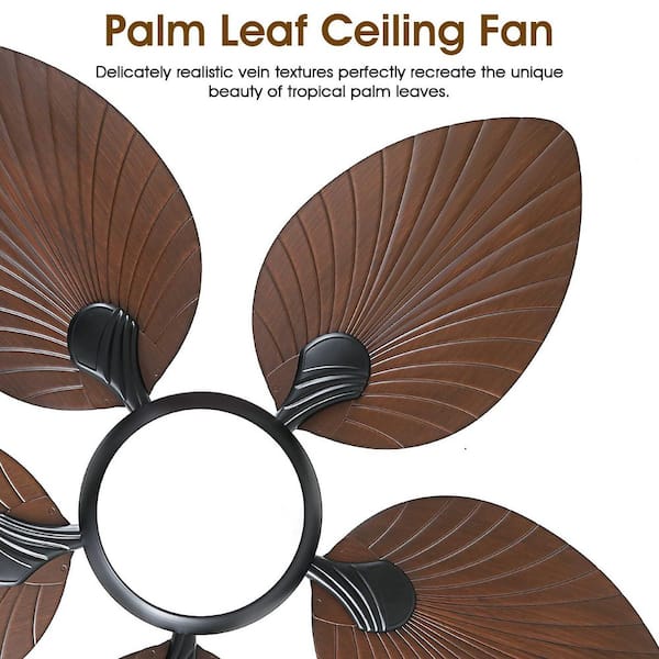 44 in.Indoor/Outdoor Light Retro 5-Palm Leaf Downrod Mount Black Ceiling Fan with Dimmable Led Light and Remote/App