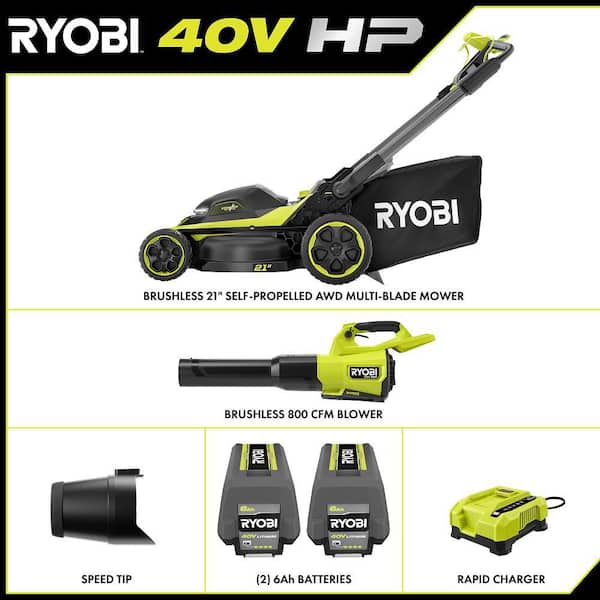 40V HP 21" Brushless Cross Cut Self-Propelled All Wheel Drive Mower w/ 800 CFM Blower, (2) Batteries & Chargers