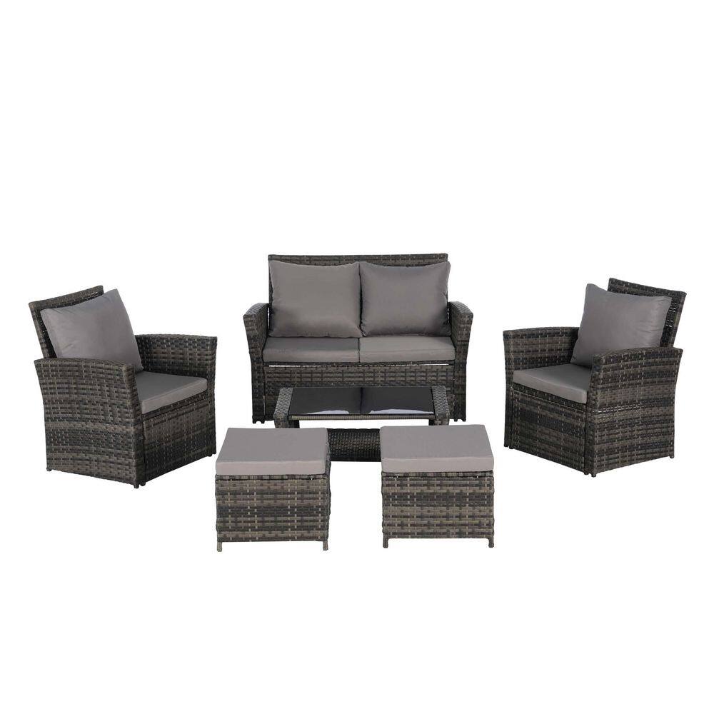 6-Pieces Wicker Patio Conversation Set, Outdoor Furniture with Dark Gray Cu